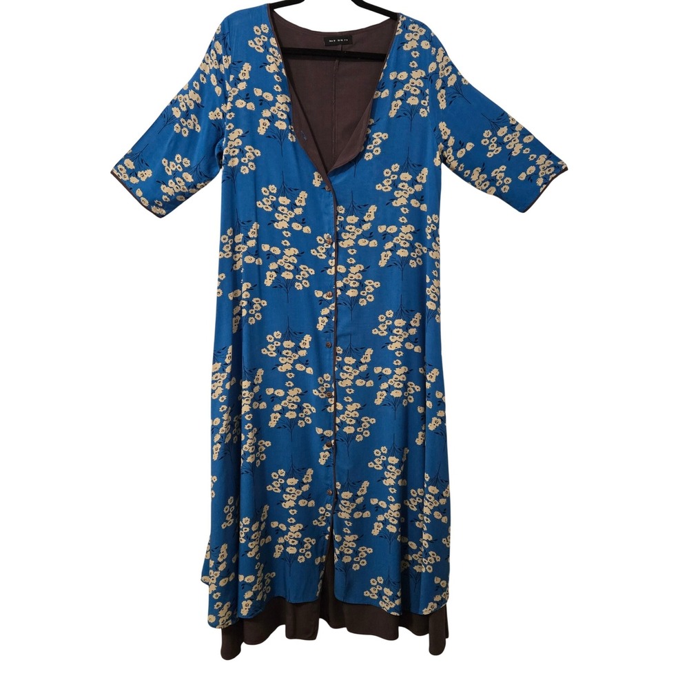 Blue Floral Button Front Maxi Dress Longline Duster Kimono Brown Trim Size M
